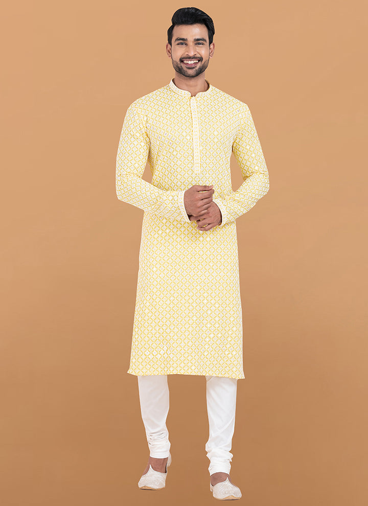 Rayon Yellow Festival Wear Embroidery Work Readymade Kurta Pajama