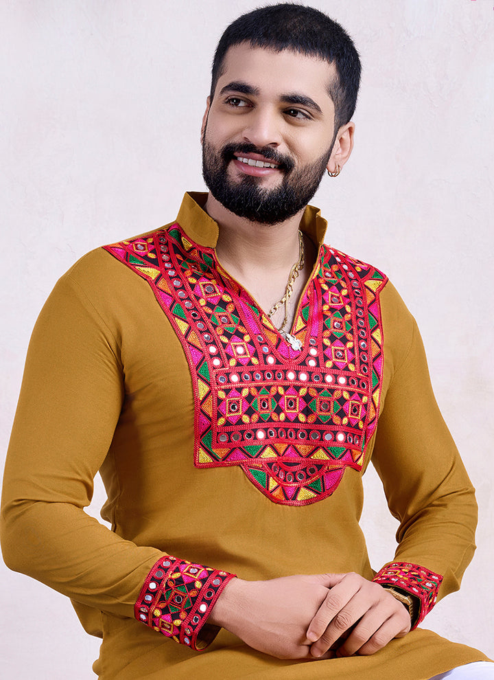 Rayon Yellow Navratri Wear Embroidery Work Readymade Kurta