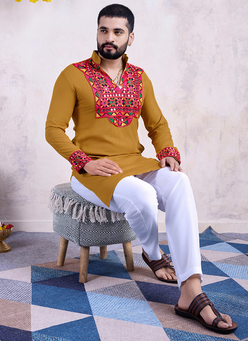 Rayon Yellow Navratri Wear Embroidery Work Readymade Kurta