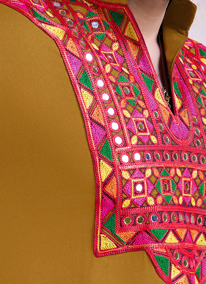 Rayon Yellow Navratri Wear Embroidery Work Readymade Kurta