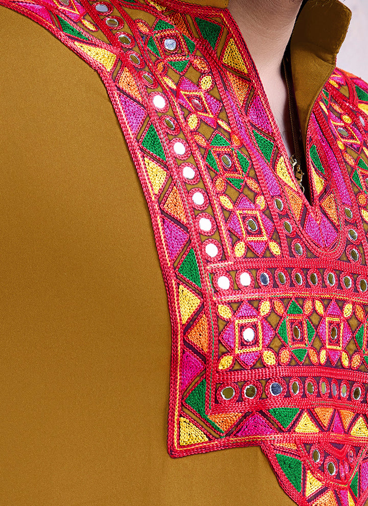 Rayon Yellow Navratri Wear Embroidery Work Readymade Kurta