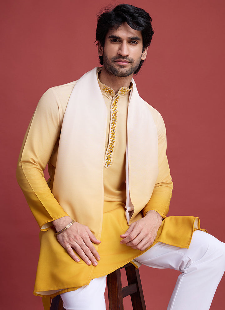Rayon Yellow Traditional Wear Mirror Work Readymade Kurta With Dupatta