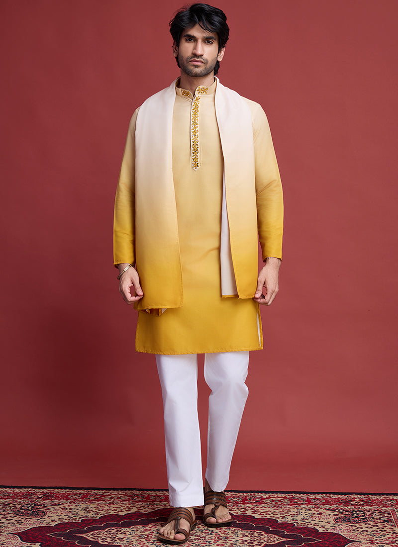 Rayon Yellow Traditional Wear Mirror Work Readymade Kurta With Dupatta