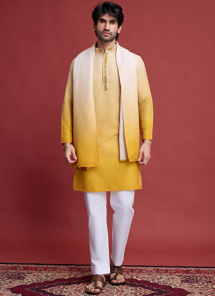 Rayon Yellow Traditional Wear Mirror Work Readymade Kurta With Dupatta