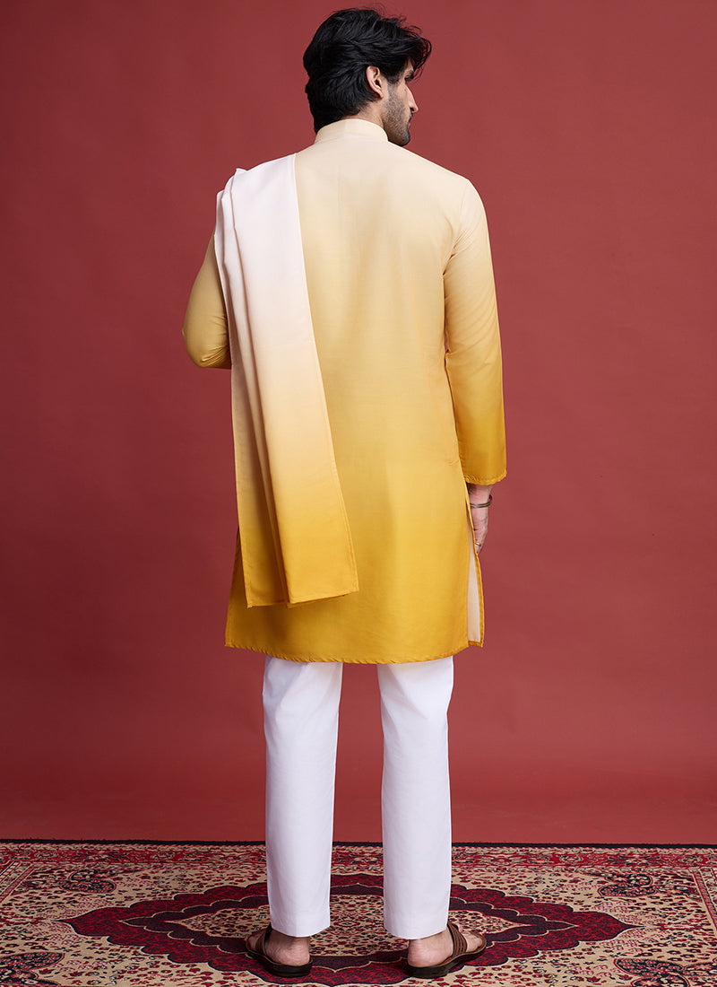 Rayon Yellow Traditional Wear Mirror Work Readymade Kurta With Dupatta