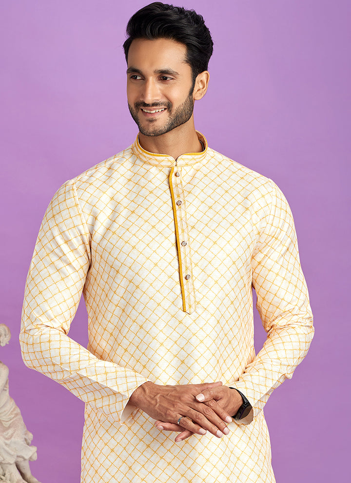 Semi Cotton Yellow Traditional Wear Digital Printed Kurta Pajama