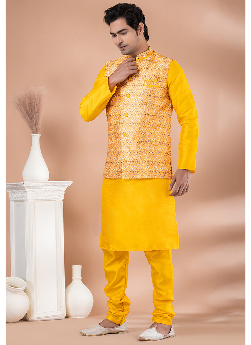 Silk Yellow Traditional Wear Corset Work Readymade Modi Jacket Kurta Pajama
