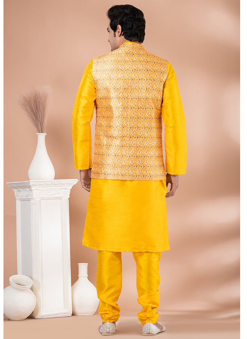 Silk Yellow Traditional Wear Corset Work Readymade Modi Jacket Kurta Pajama