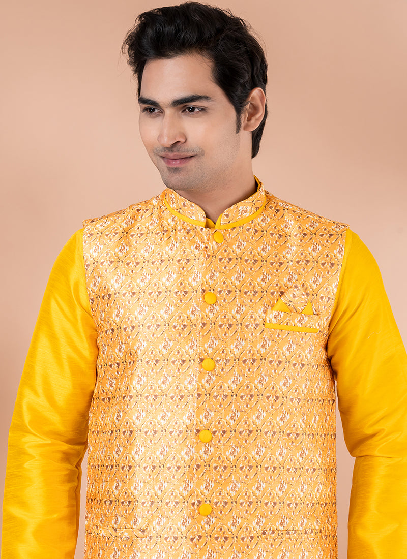 Silk Yellow Traditional Wear Corset Work Readymade Modi Jacket Kurta Pajama