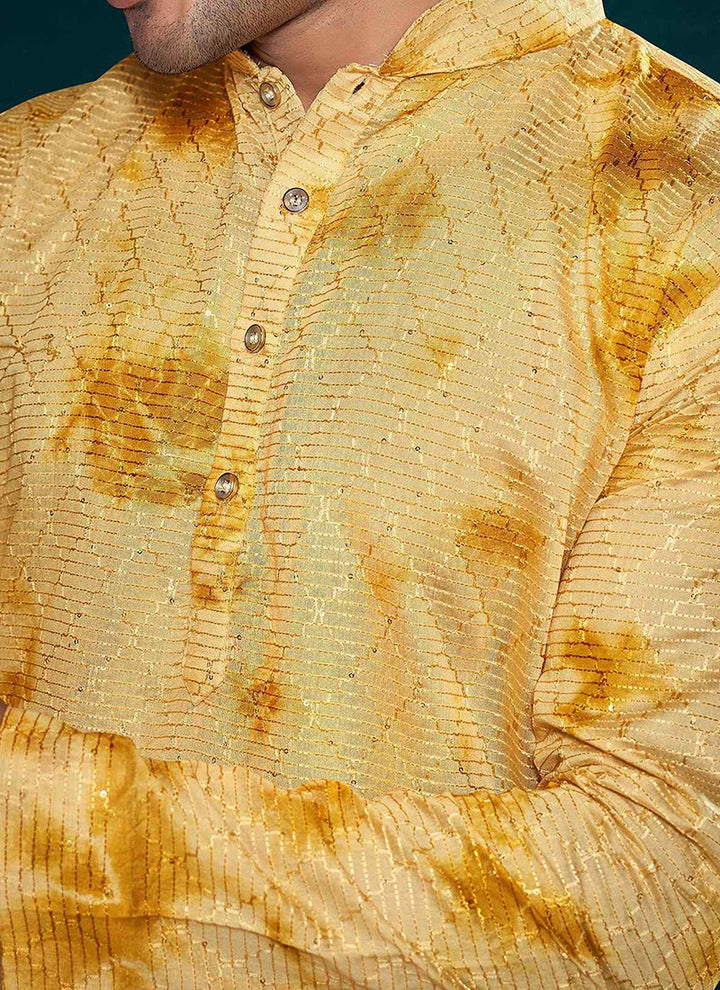 Viscose Yellow Eid Wear Embroidery Work Readymade Kurta Pajama