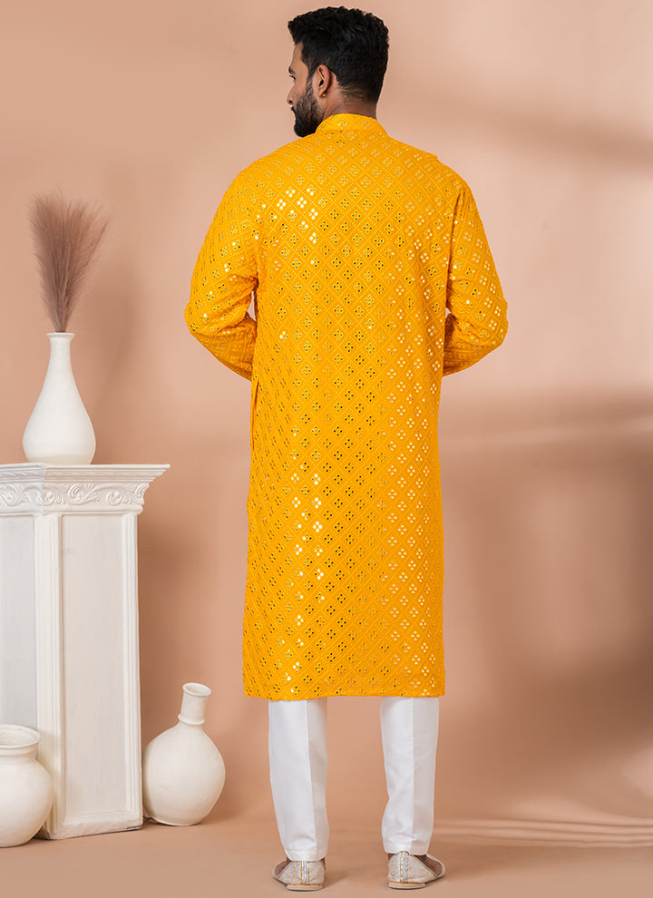 Viscose Yellow Festival Wear Embroidery Work Kurta Pajama