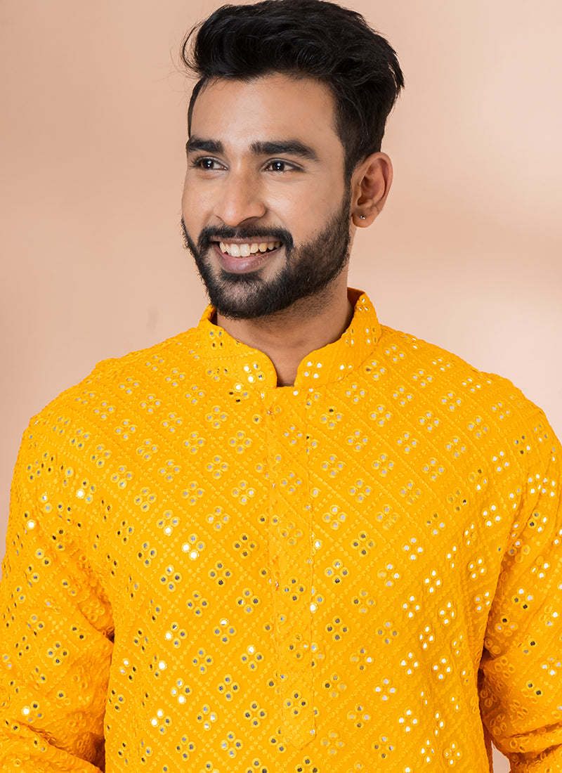 Viscose Yellow Festival Wear Embroidery Work Kurta Pajama