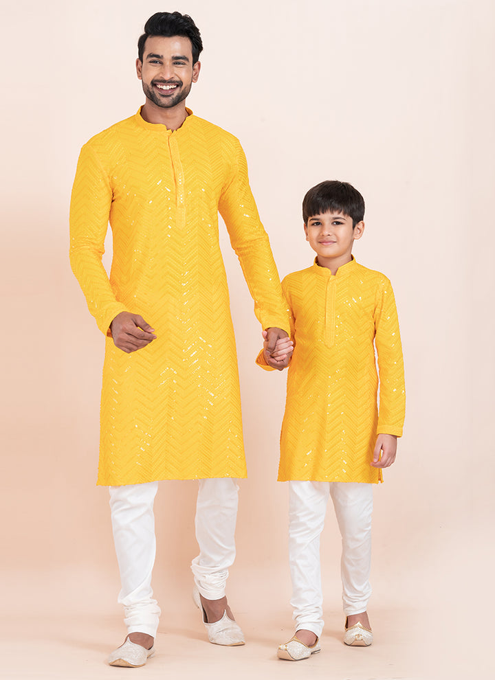 Viscose Rayon Yellow Eid Wear Sequins Work Readymade Father Son Combo Set
