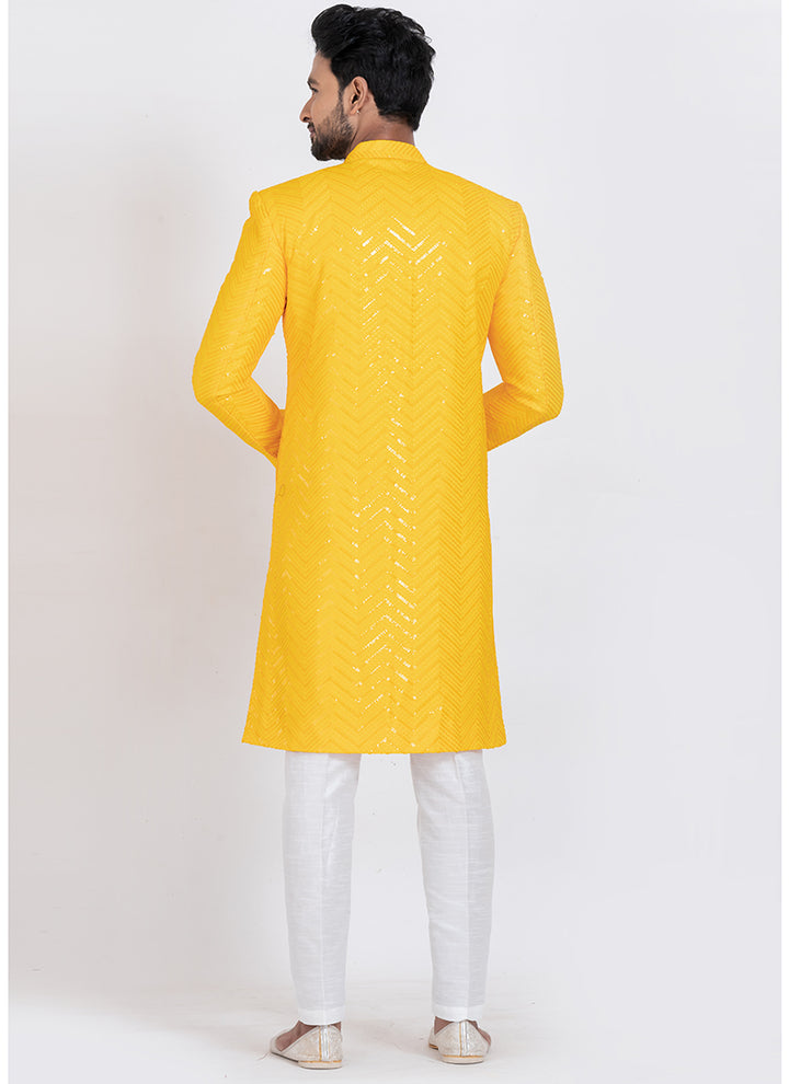 Viscose Rayon Yellow Eid Wear Sequins Work Readymade Indo Western
