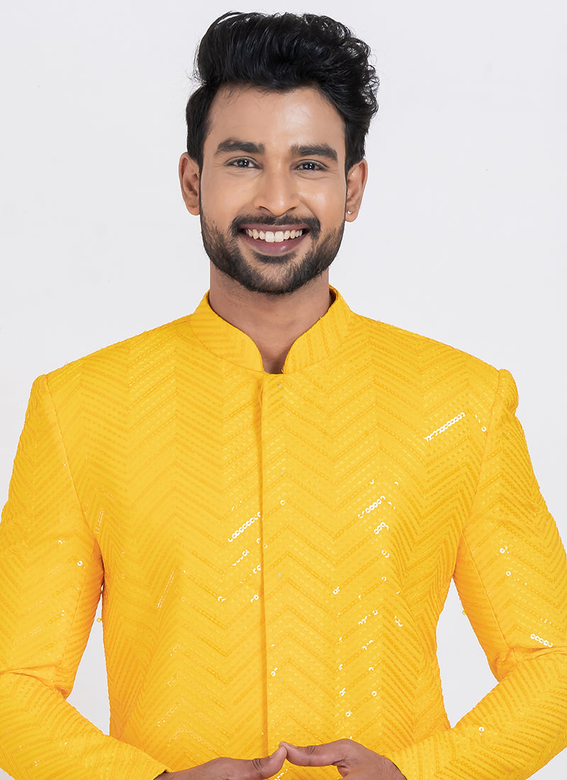 Viscose Rayon Yellow Eid Wear Sequins Work Readymade Indo Western