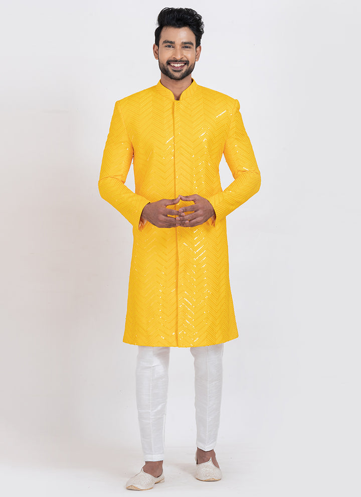 Viscose Rayon Yellow Eid Wear Sequins Work Readymade Indo Western