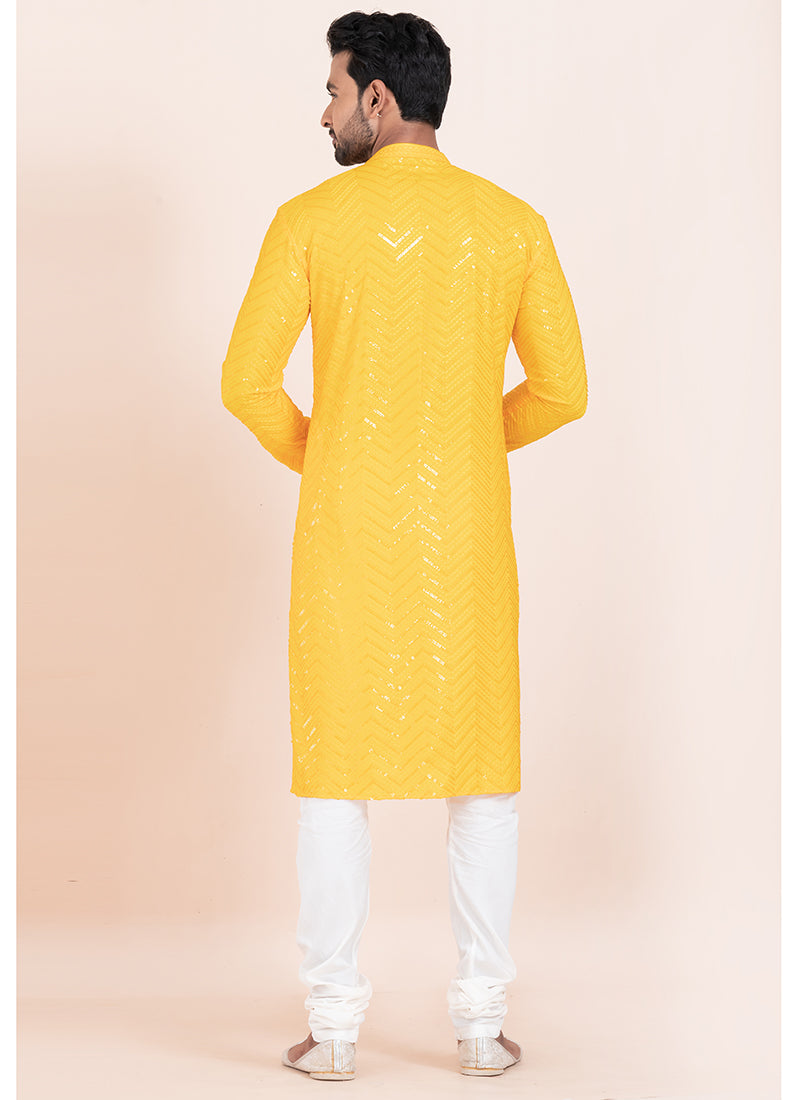 Viscose Rayon Yellow Eid Wear Sequins Work Readymade Kurta Pajama