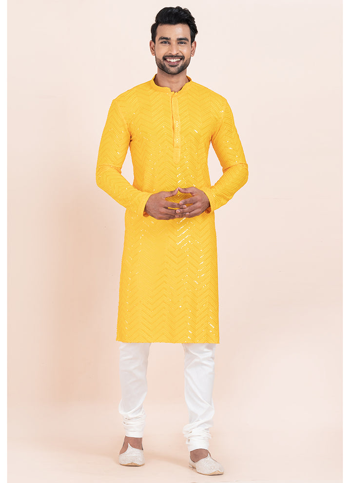 Viscose Rayon Yellow Eid Wear Sequins Work Readymade Kurta Pajama