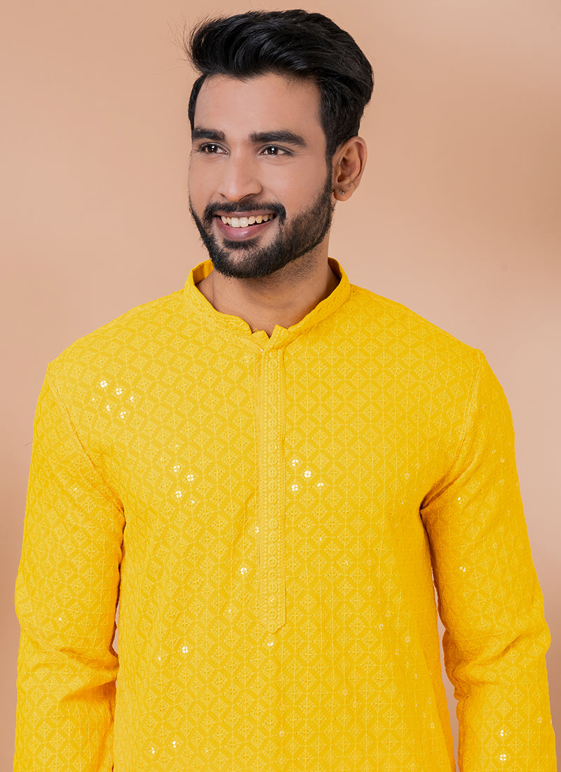 Viscose Rayon Yellow Festival Wear Embroidery Work Readymade Kurta Pajama