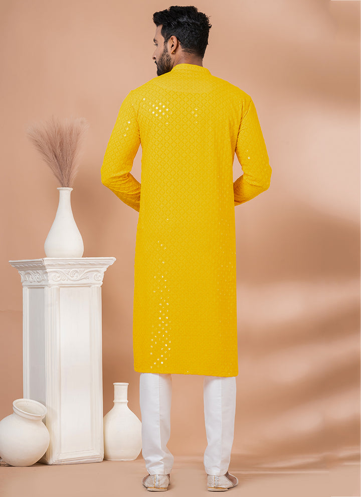 Viscose Rayon Yellow Festival Wear Embroidery Work Readymade Kurta Pajama