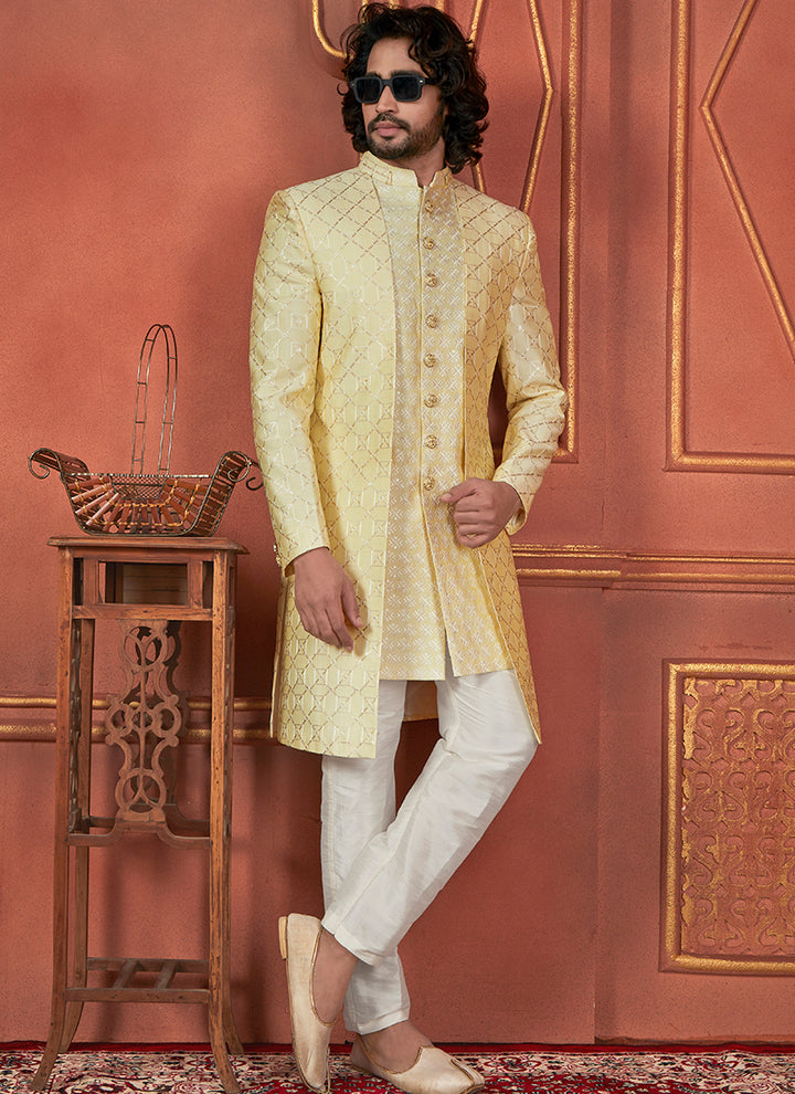 Silk Yellow Wedding Wear Computer Thread Readymade Sherwani Set