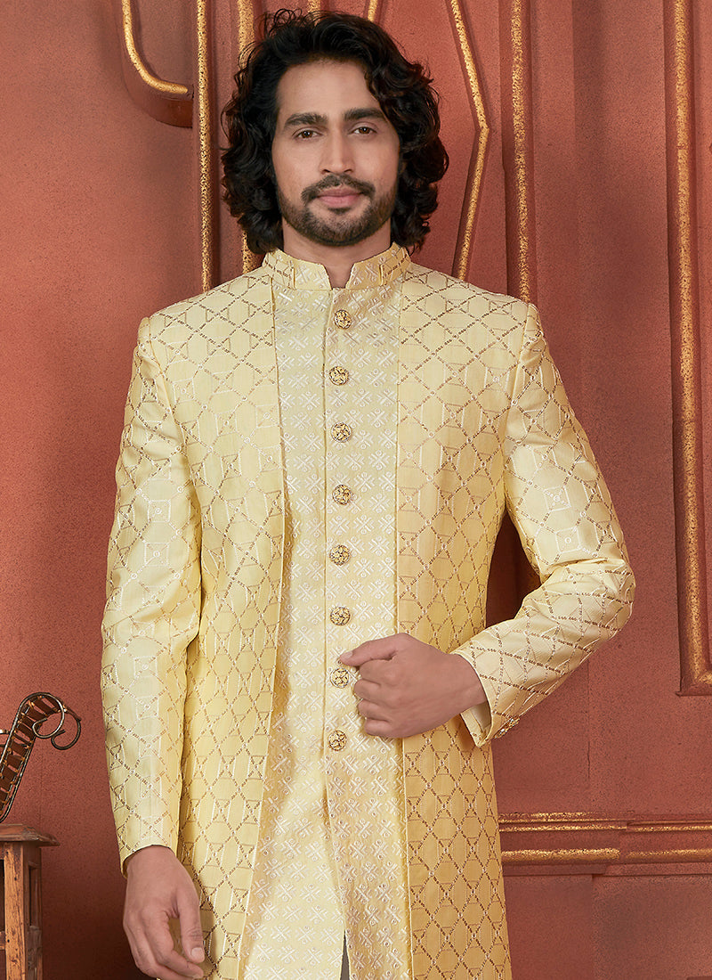 Silk Yellow Wedding Wear Computer Thread Readymade Sherwani Set