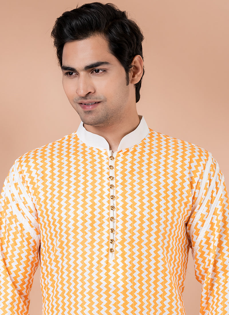Cotton Yellow,white Festival Wear Weaving Kurta Pajama