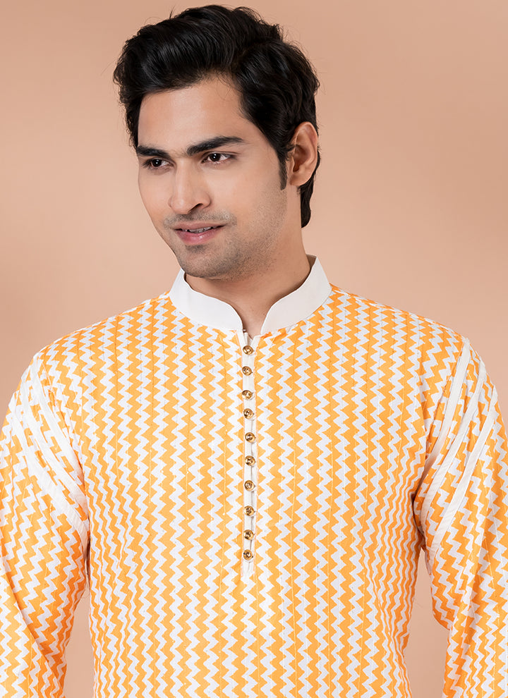 Cotton Yellow,white Festival Wear Weaving Kurta Pajama