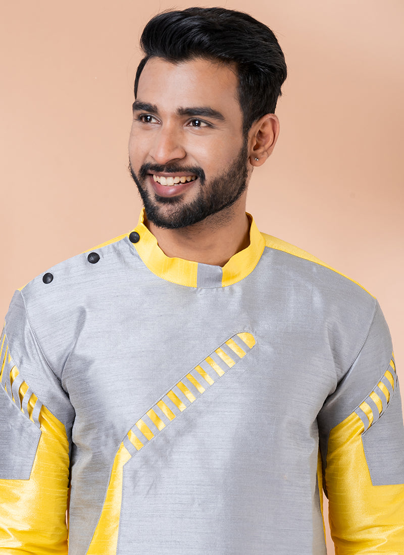 Banarasi Dhupion Silk Yellow Grey Festival Wear Weaving Kurta Pajama