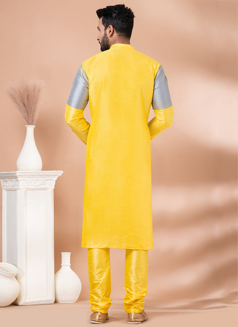 Banarasi Dhupion Silk Yellow Grey Festival Wear Weaving Kurta Pajama