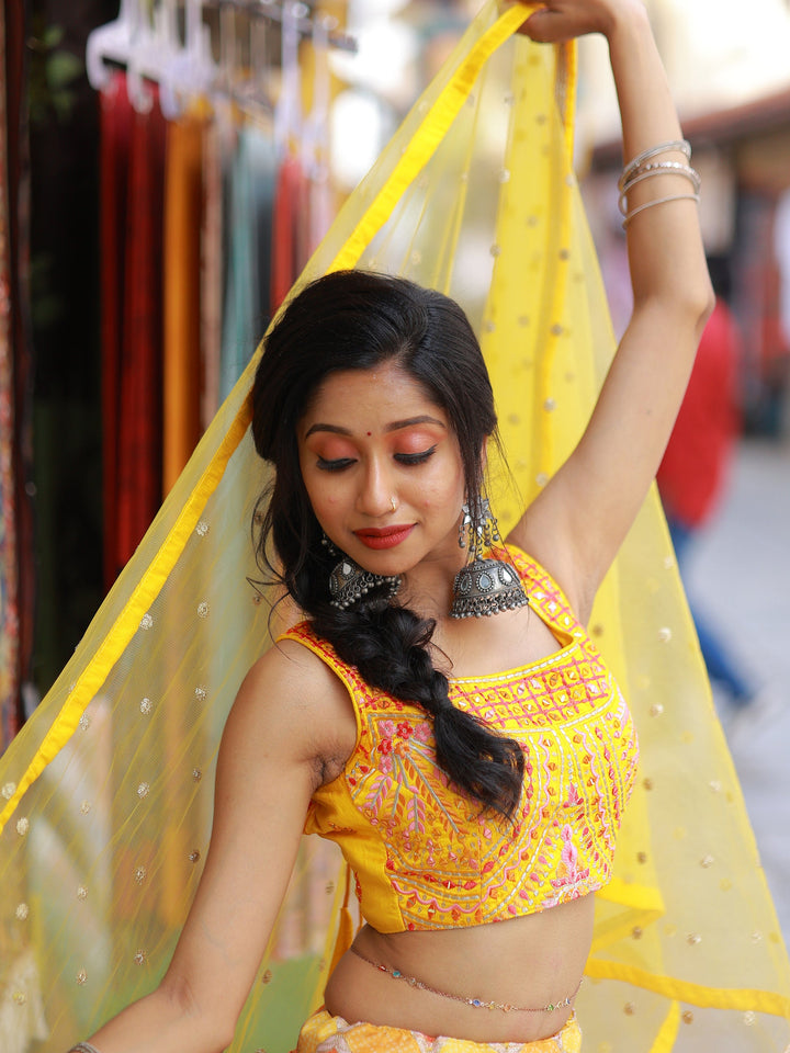 Yellow Printed Organza Haldi Wear Lehenga Choli