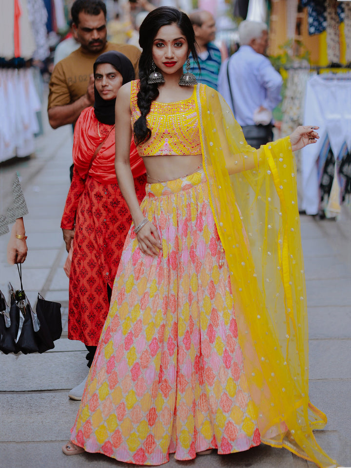 Yellow Printed Organza Haldi Wear Lehenga Choli