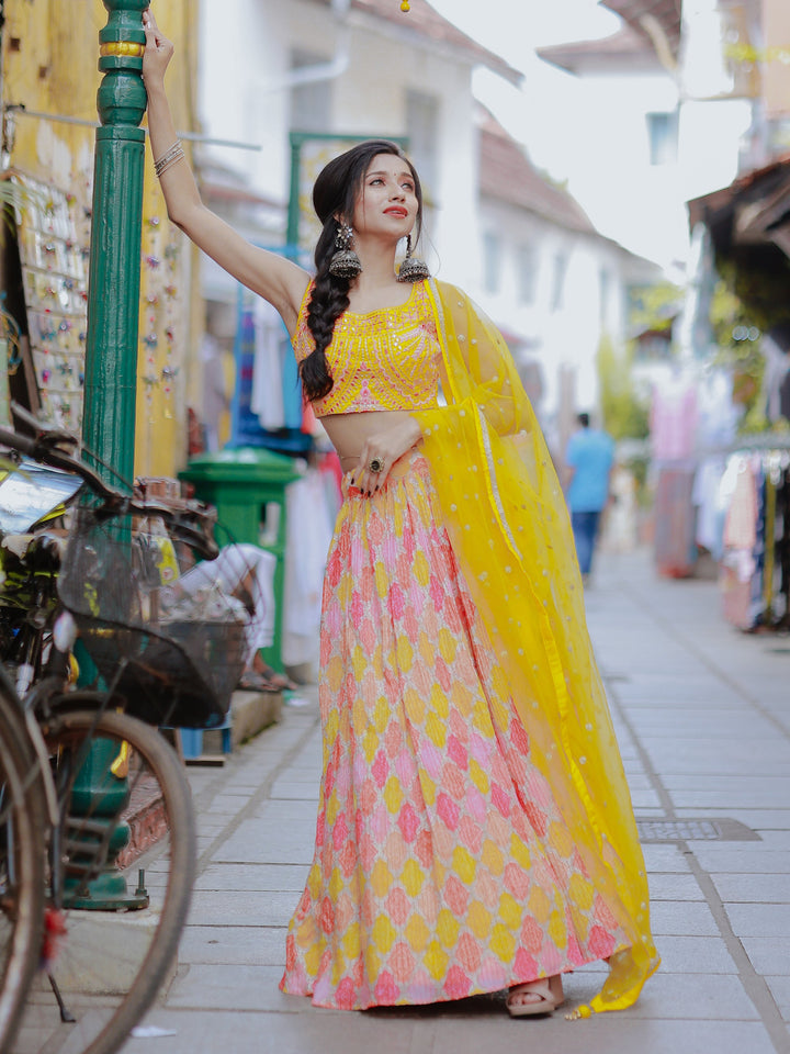 Yellow Printed Organza Haldi Wear Lehenga Choli
