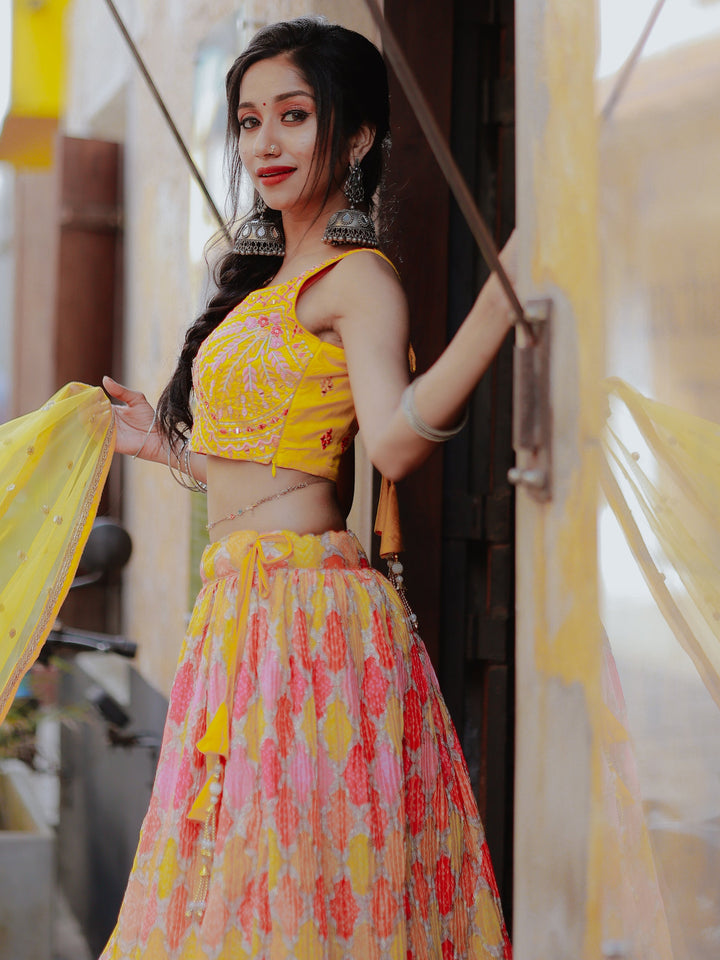 Yellow Printed Organza Haldi Wear Lehenga Choli