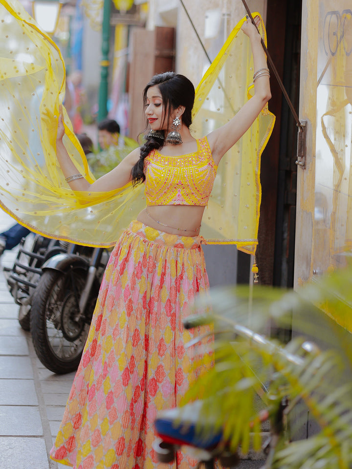 Yellow Printed Organza Haldi Wear Lehenga Choli