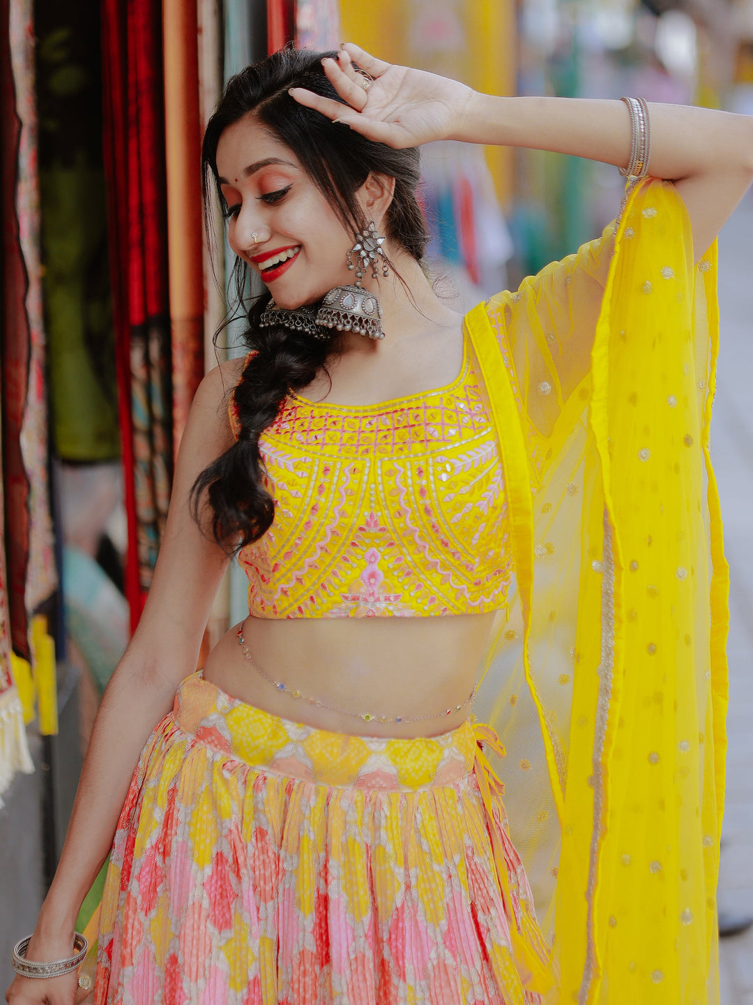 Yellow Printed Organza Haldi Wear Lehenga Choli