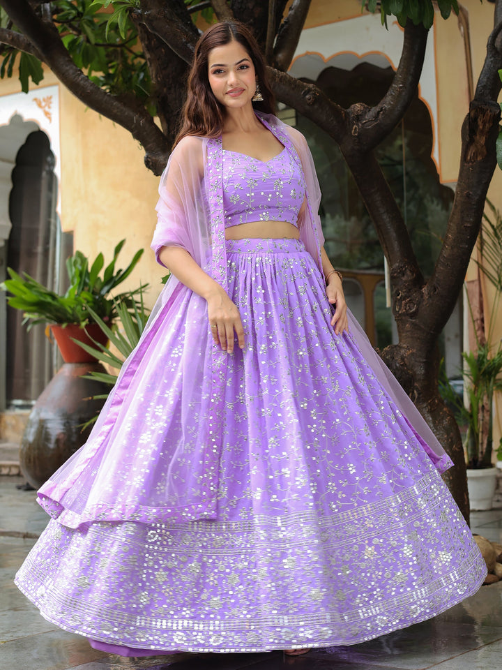 Lavender Embroidered Georgette Engagement Wear Lehenga Choli