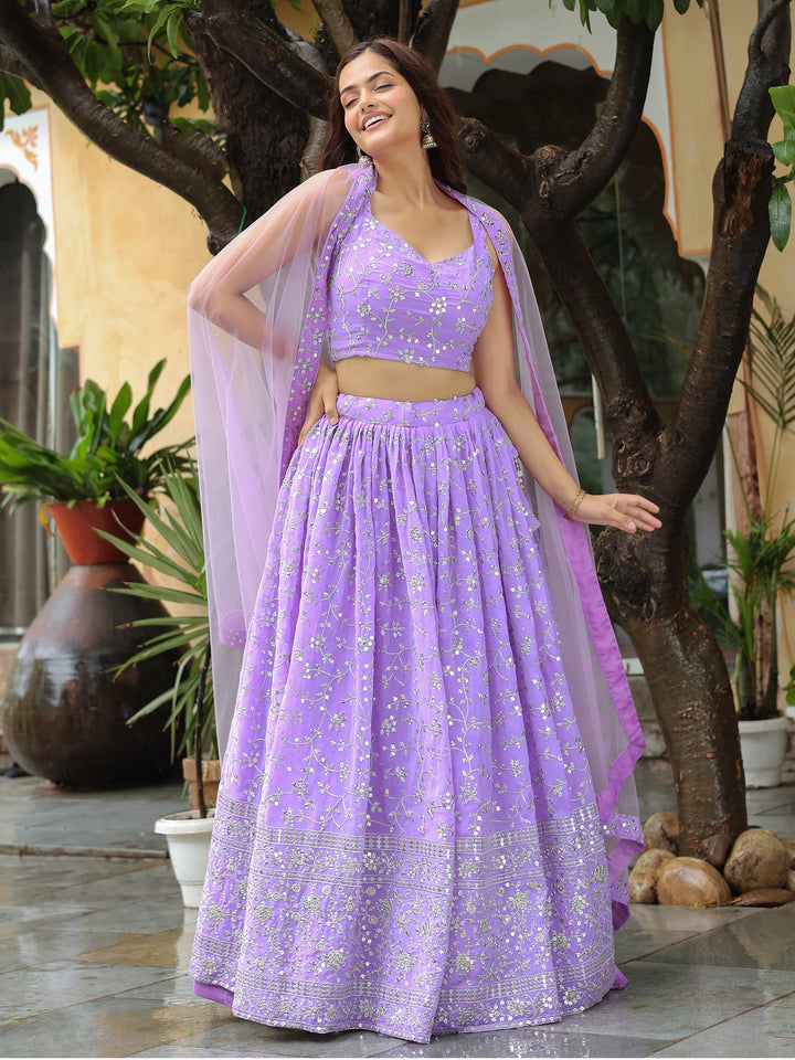 Lavender Embroidered Georgette Engagement Wear Lehenga Choli