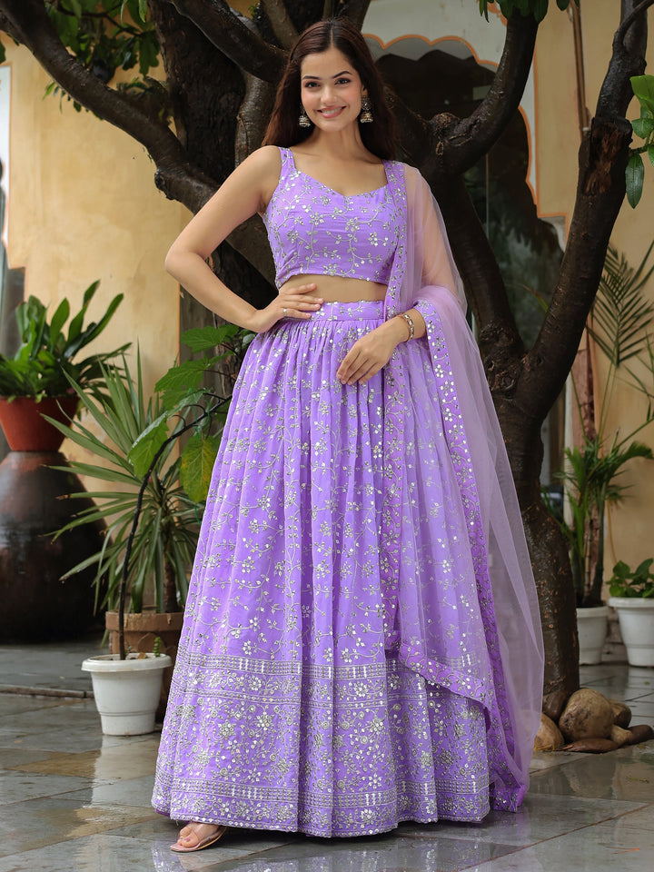Lavender Embroidered Georgette Engagement Wear Lehenga Choli