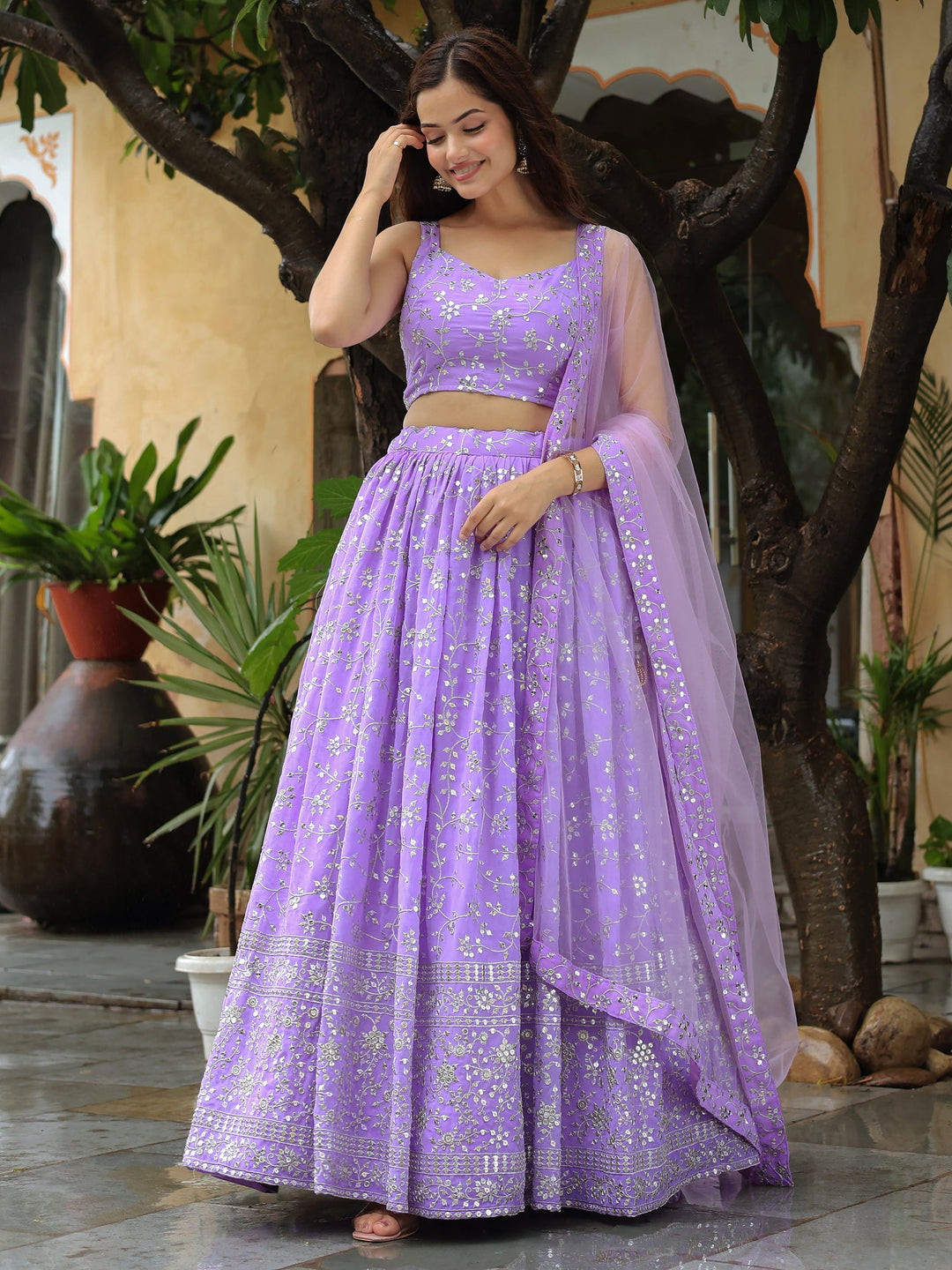 Lavender Embroidered Georgette Engagement Wear Lehenga Choli