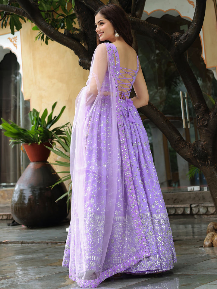 Lavender Embroidered Georgette Engagement Wear Lehenga Choli