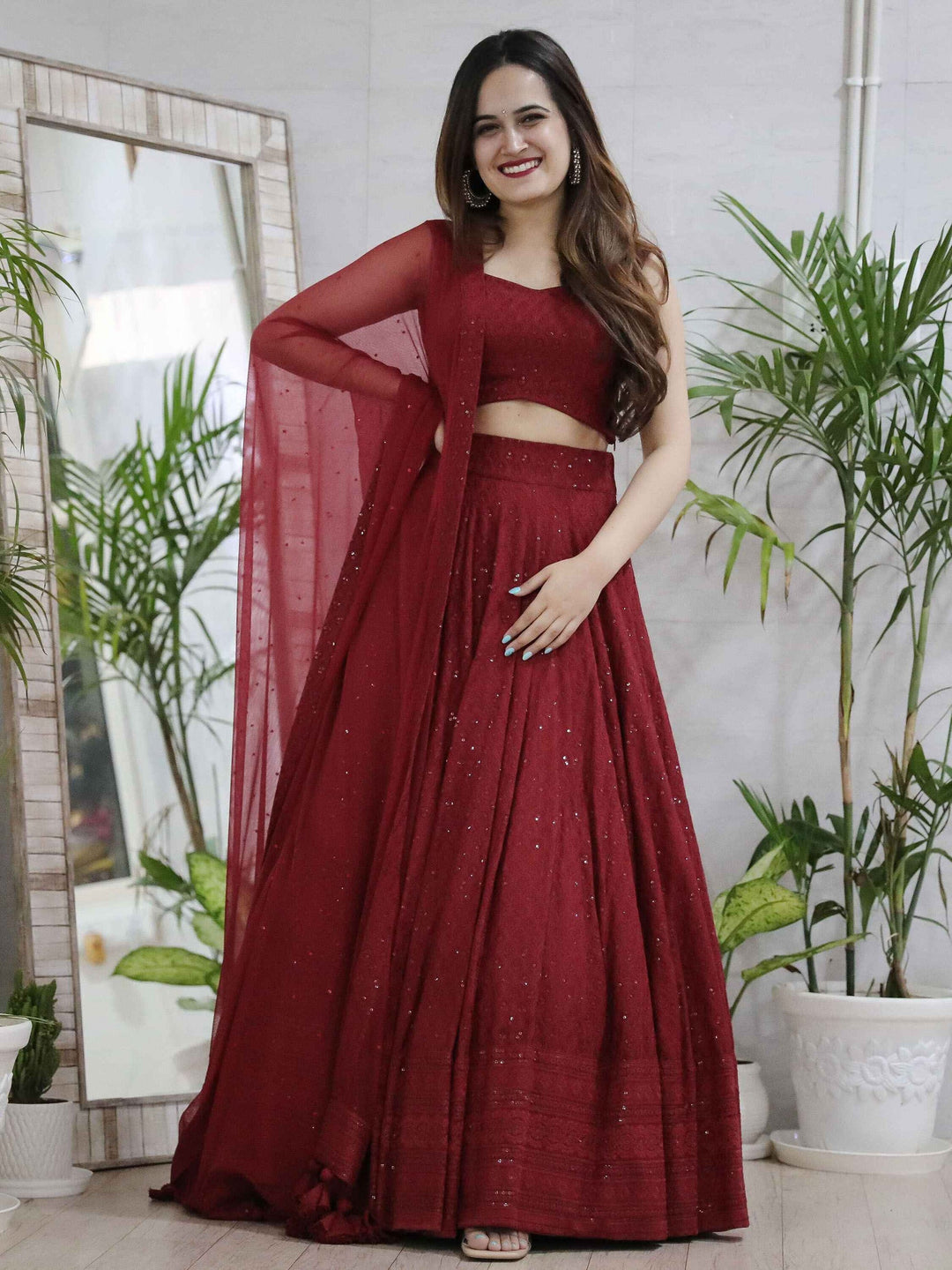 Maroon Sequins Georgette Wedding Lehenga Choli With Dupatta