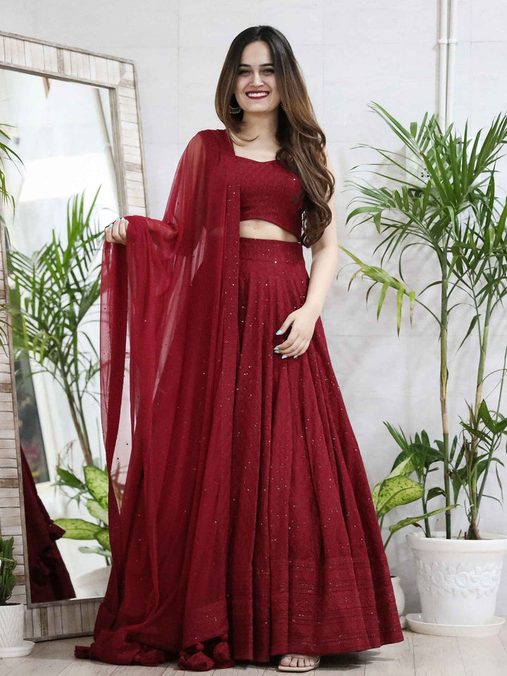 Maroon Sequins Georgette Wedding Lehenga Choli With Dupatta
