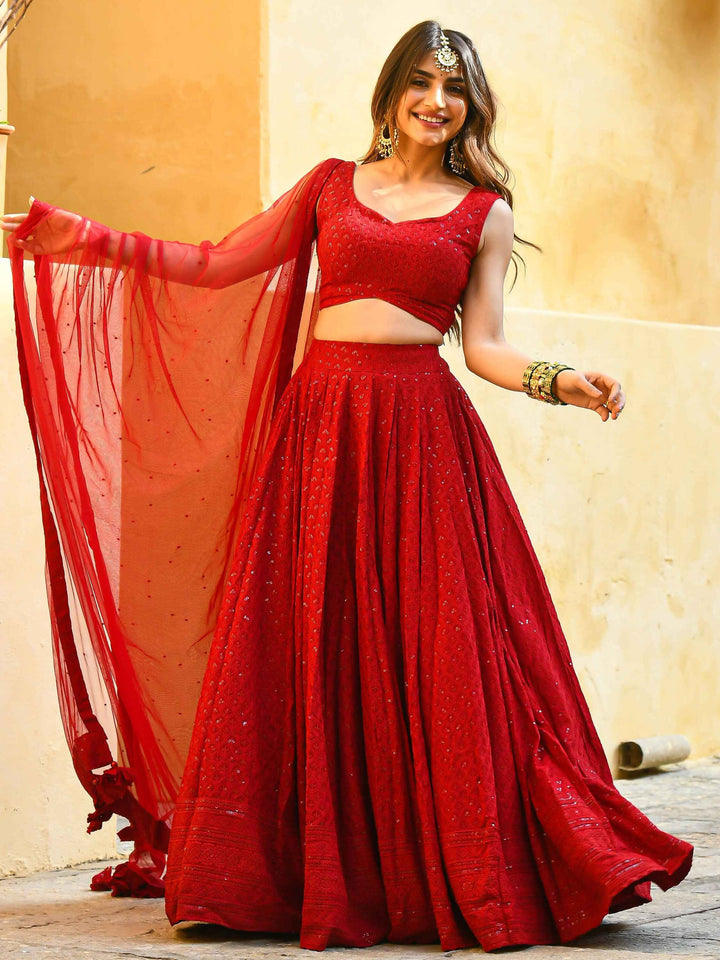 Marvelous Red Sequins Georgette Sangeet Wear Lehenga Choli