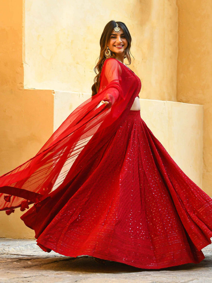 Red Sequins Georgette Sangeet Wear Lehenga Choli