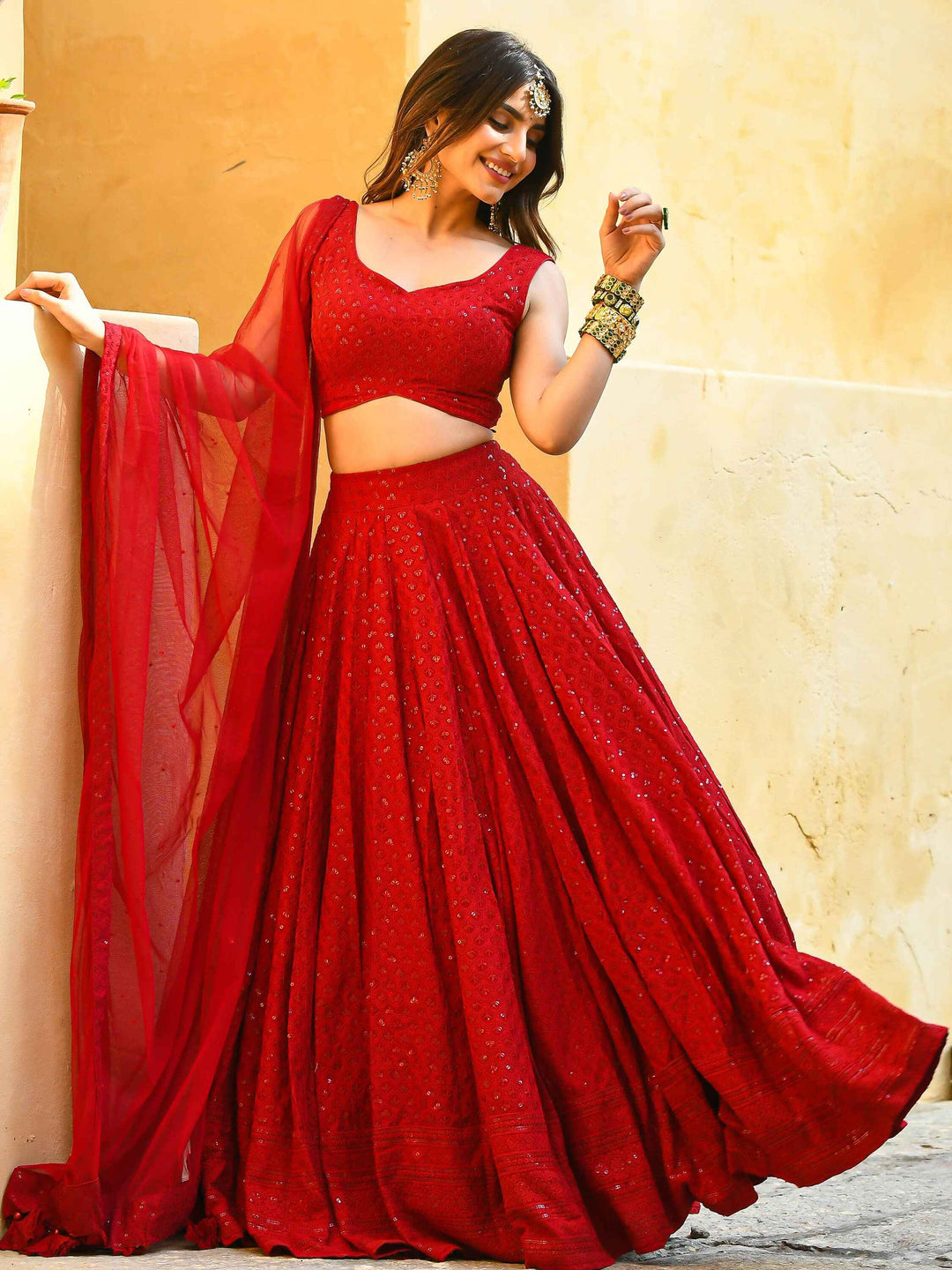 Marvelous Red Sequins Georgette Sangeet Wear Lehenga Choli