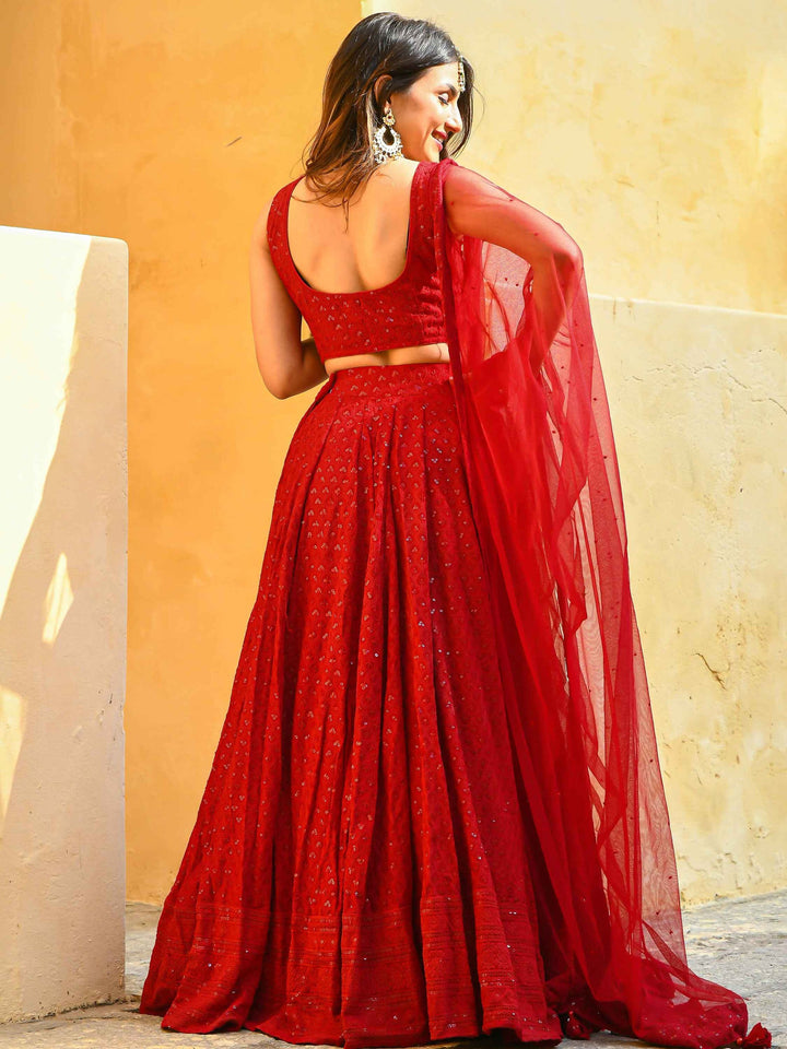 Marvelous Red Sequins Georgette Sangeet Wear Lehenga Choli