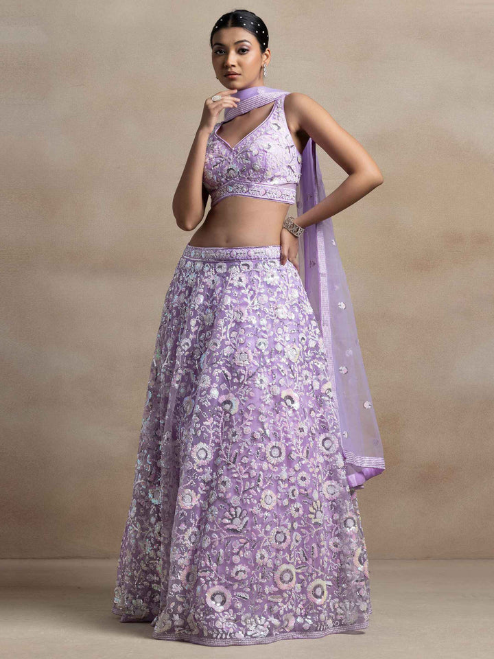 Lavender Sequins Net Reception Wear Lehenga Choli