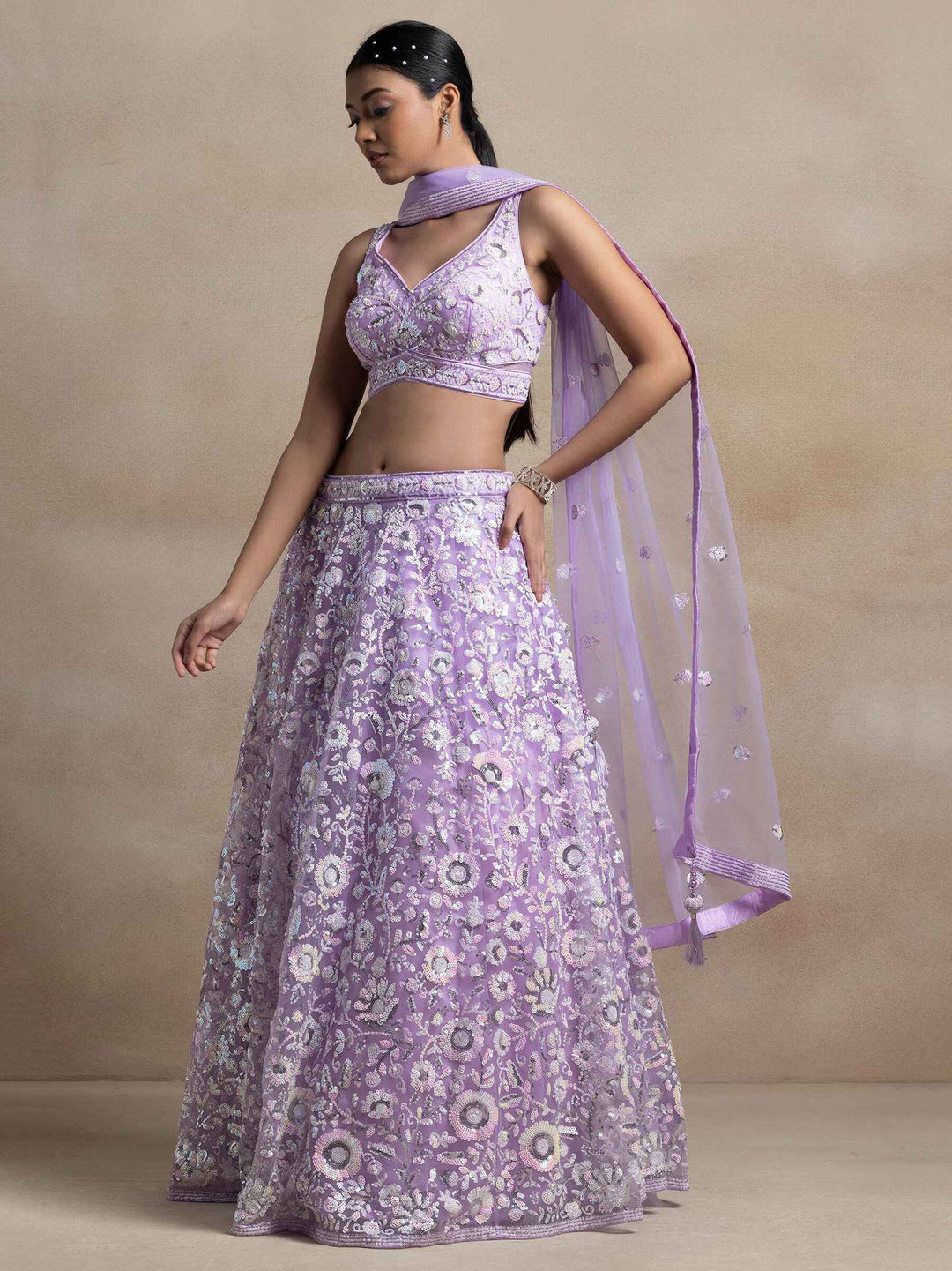 Lavender Sequins Net Reception Wear Lehenga Choli
