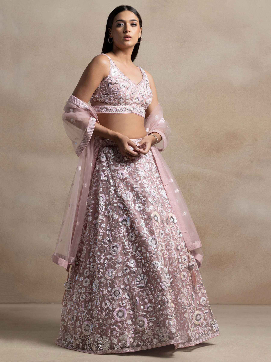 Pink Sequins Net Party Wear Lehenga Choli With Dupatta